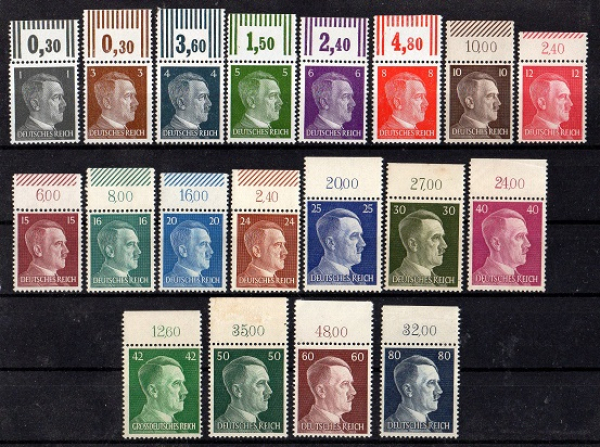 Michel Nr. 781 - 798, 1. Aug. 1941 Freimarkenausgabe Adolf Hitler mit Oberrand postfrisch.